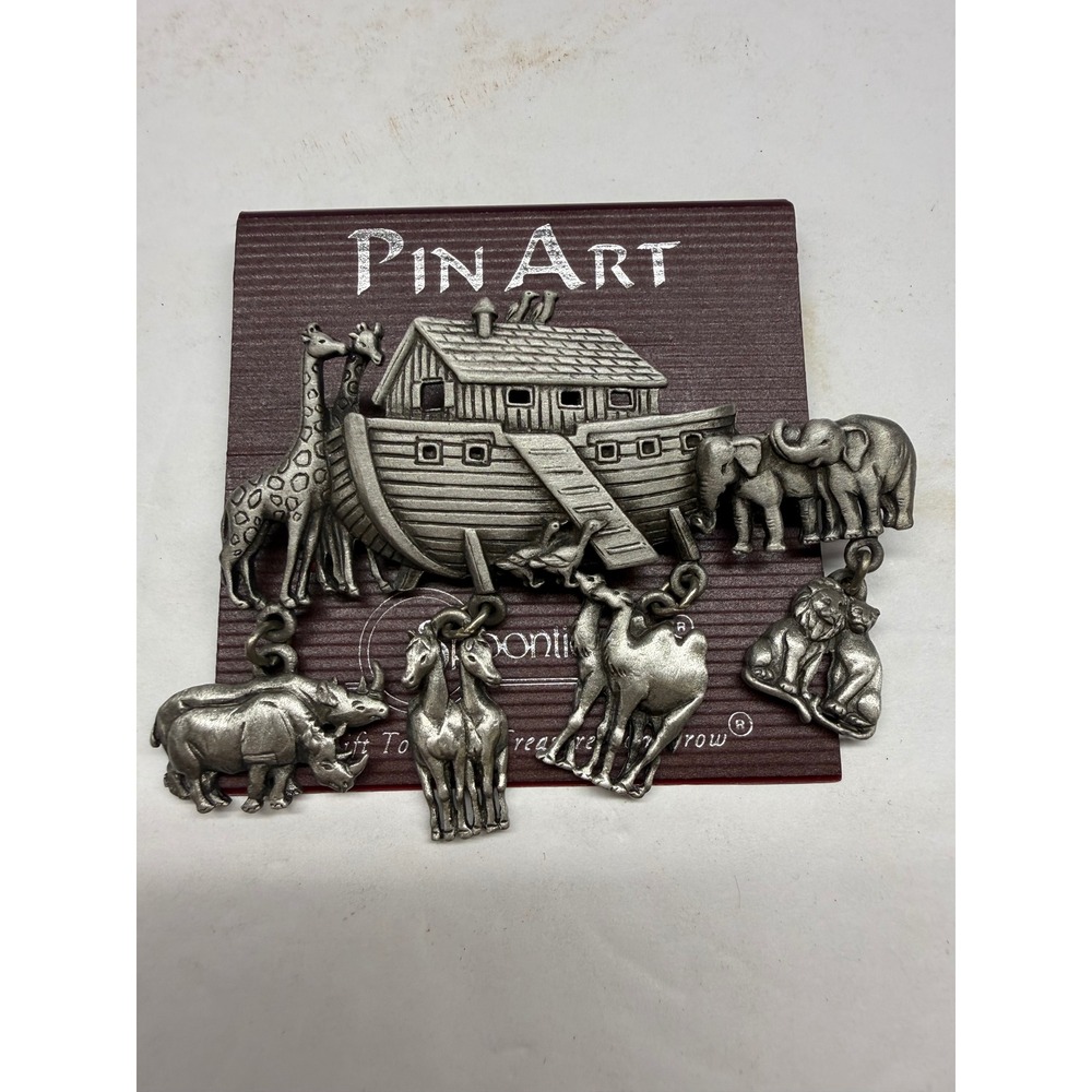 Spoontiques Pin Art Noahs Ark Pewter Brooch with Dangling Animal Charms Vintage
